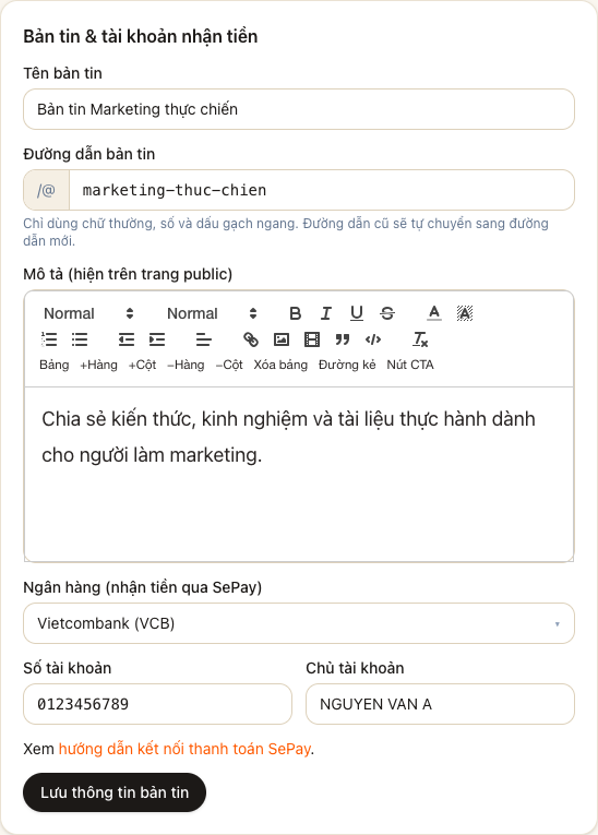 Nhập tên, đường dẫn, mô tả và tài khoản nhận tiền trong Cài đặt bản tin