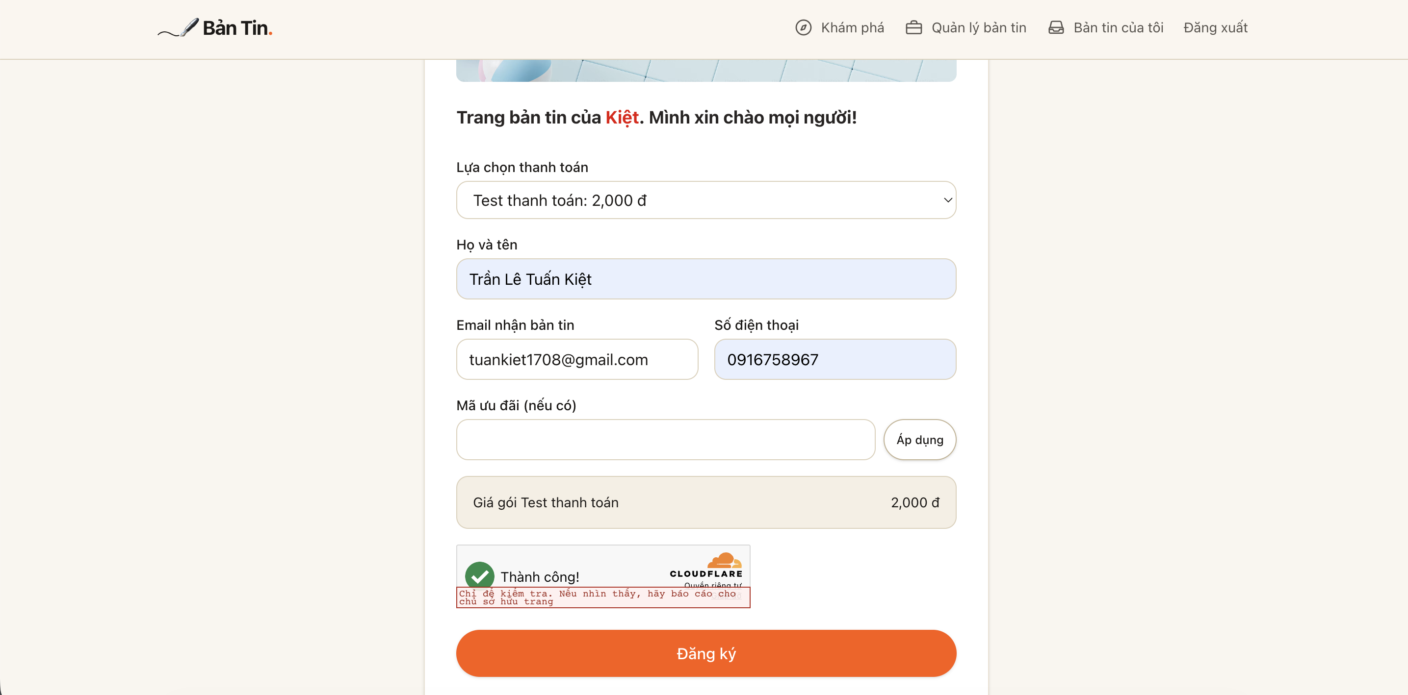Điền form đăng ký để test thanh toán