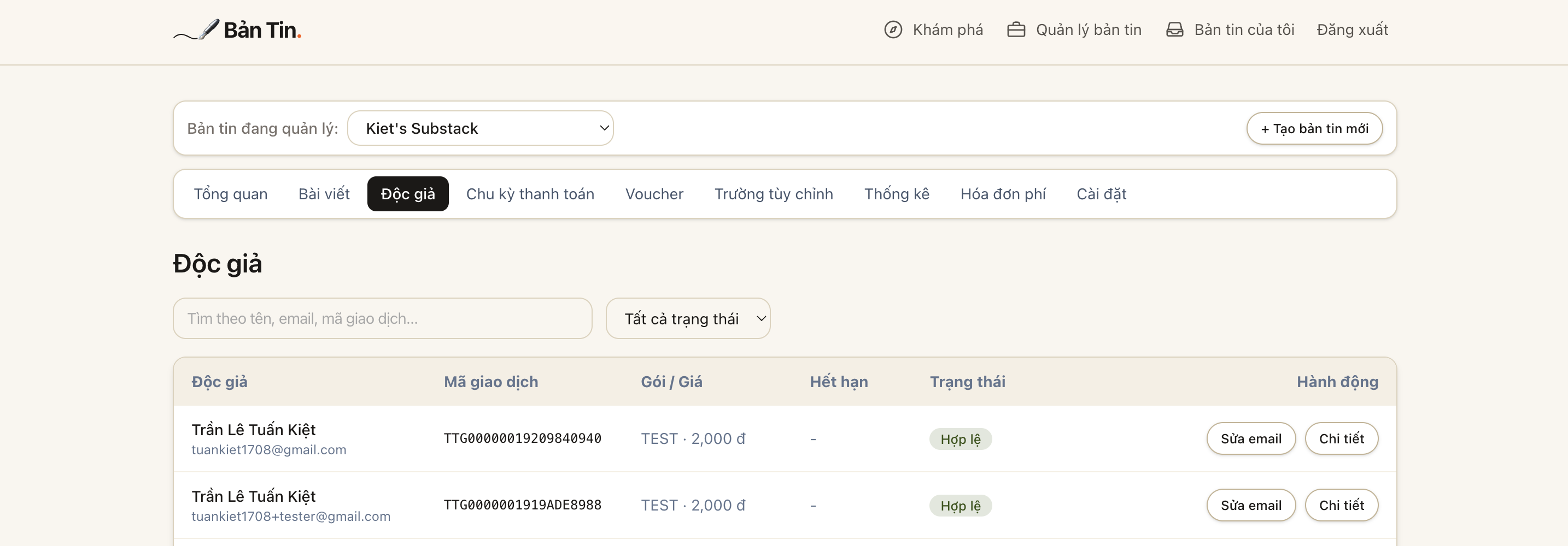 Giao dịch đã được xác nhận tự động, trạng thái Hợp lệ