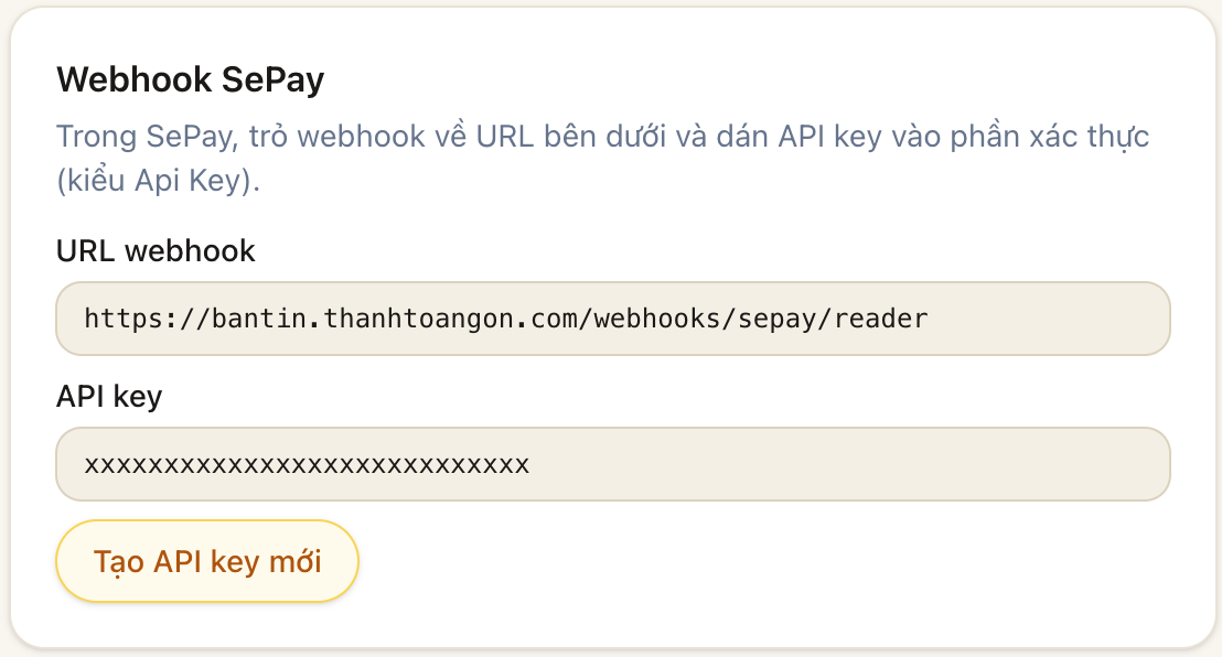 Thẻ Webhook SePay trong trang Cài đặt bản tin
