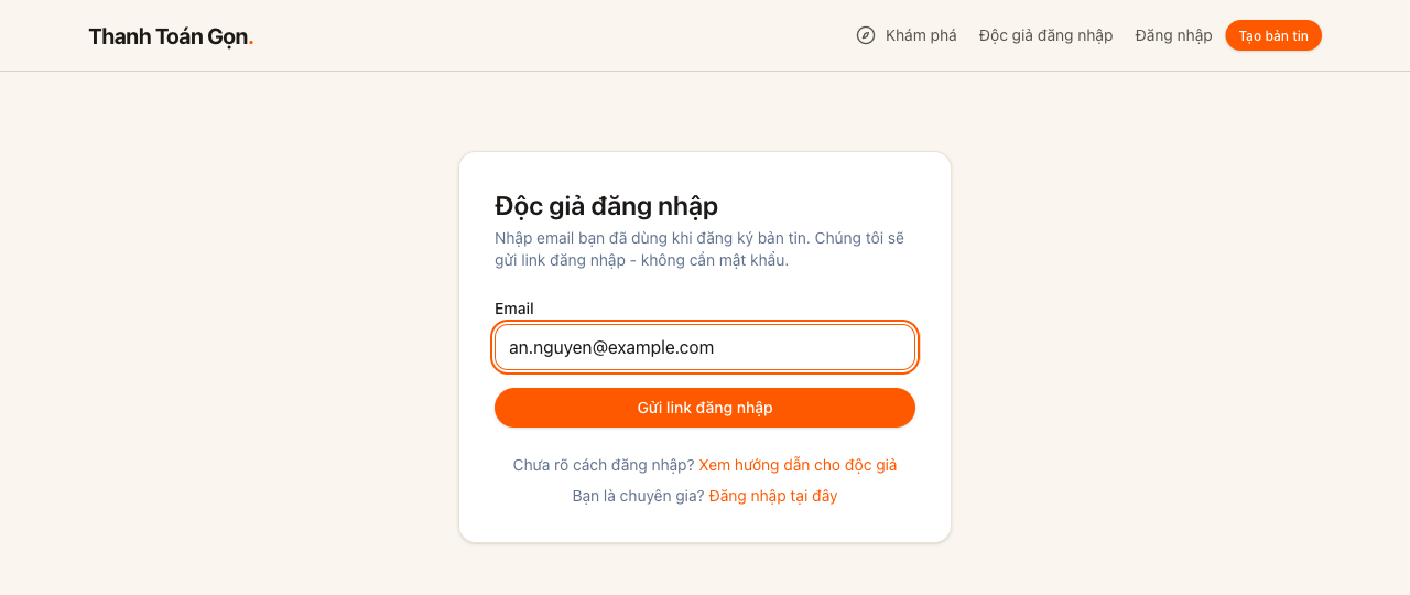 Trang đăng nhập độc giả với ô nhập email
