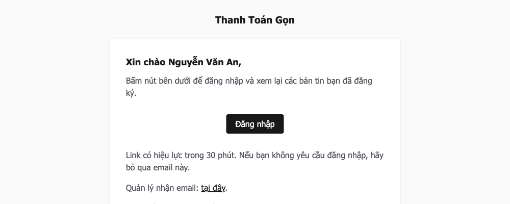 Email chứa link đăng nhập gửi cho độc giả