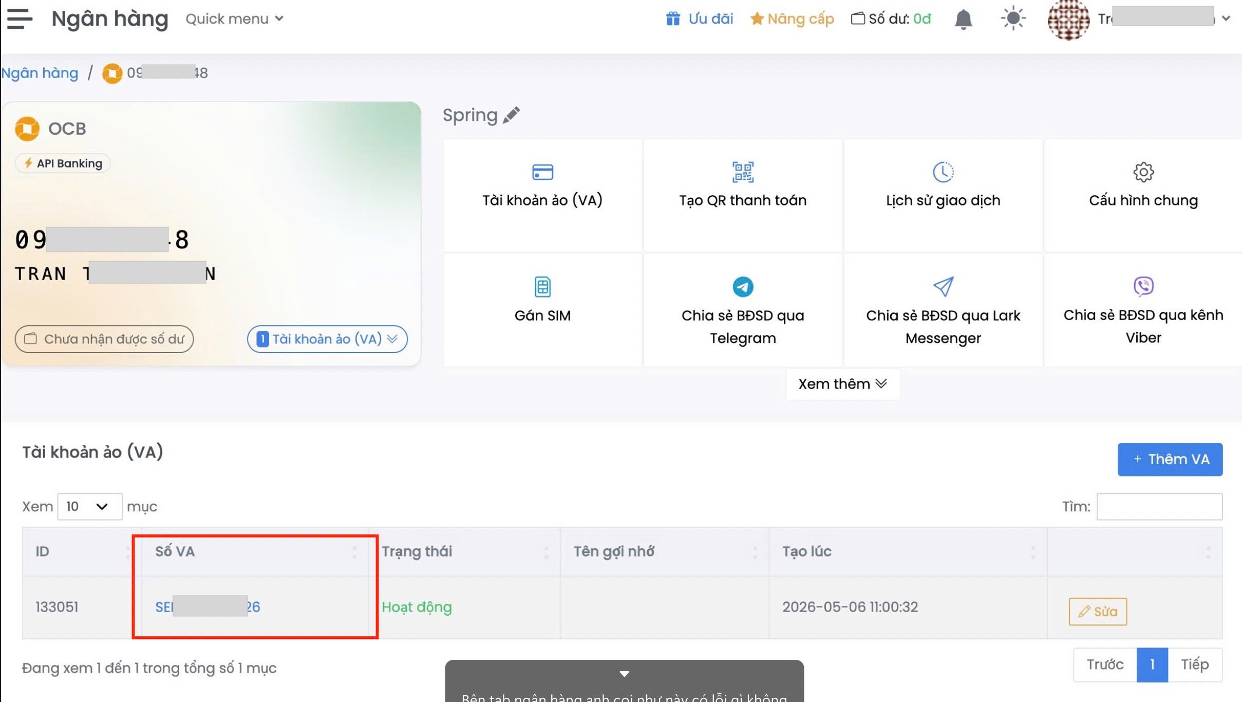 Lấy số Tài khoản ảo (VA) trong SePay