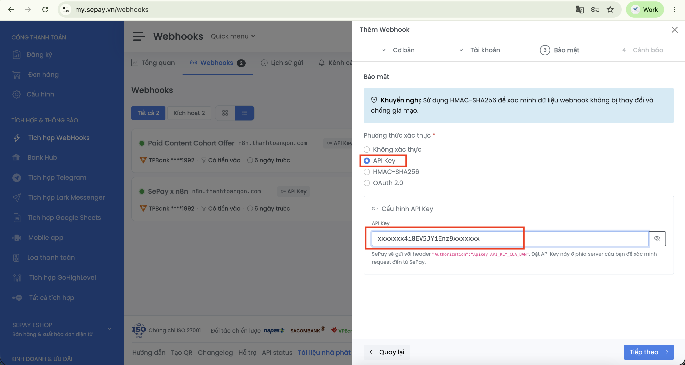 Tab Bảo mật khi thêm Webhook trong SePay