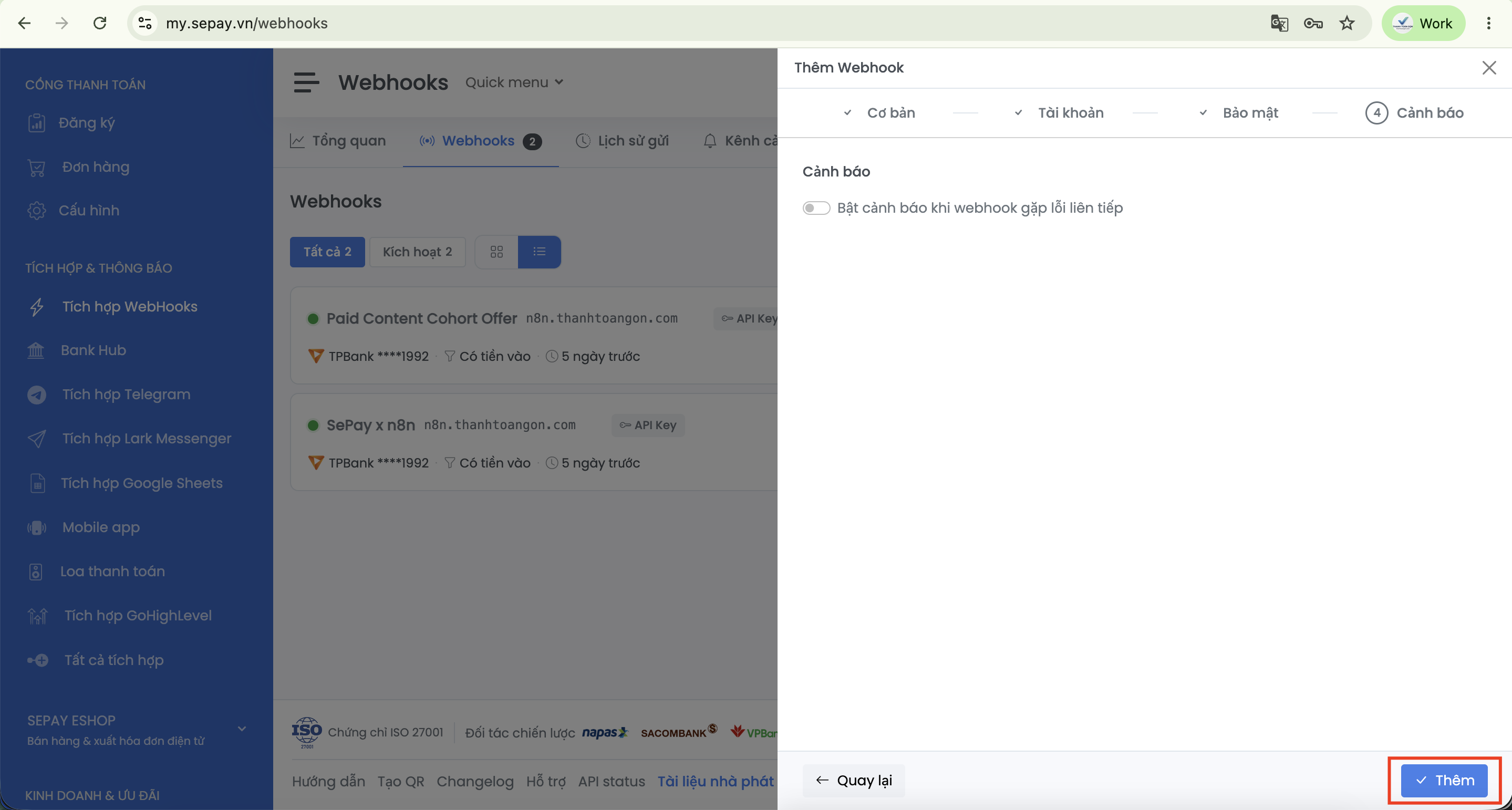 Tab Cảnh báo khi thêm Webhook trong SePay