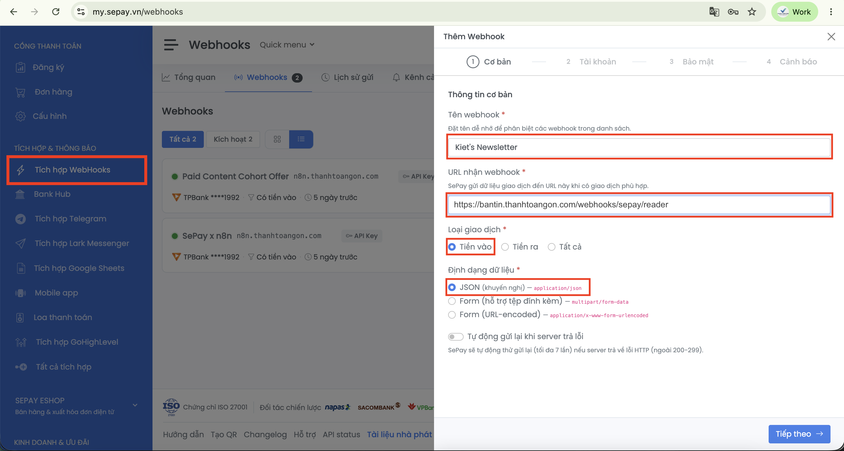 Tab Cơ bản khi thêm Webhook trong SePay