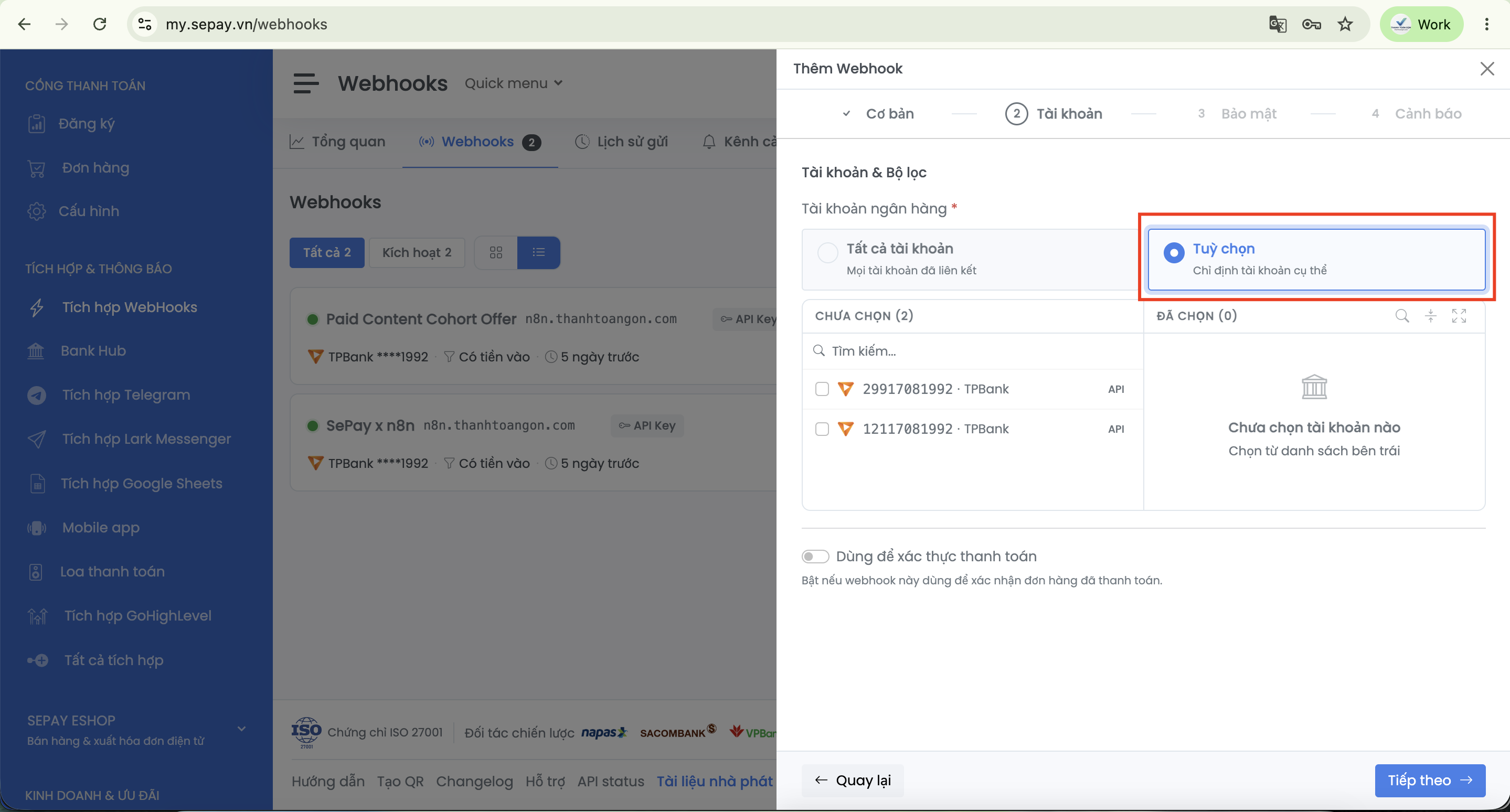 Tab Tài khoản khi thêm Webhook trong SePay